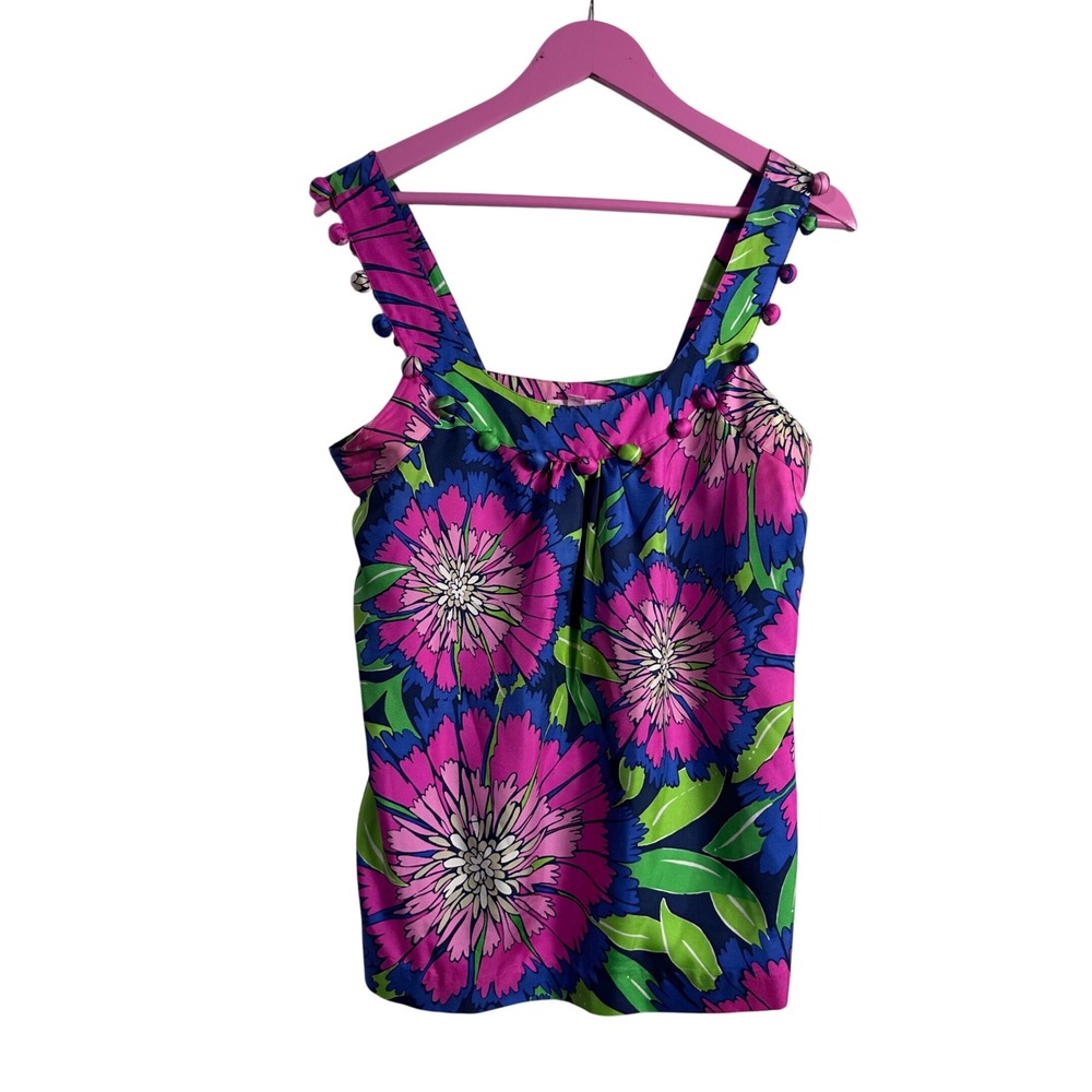 Lilly Pulitzer Pink Blue Floral 100% Silk Pom Pom Trim Tank Top Blouse Size 8